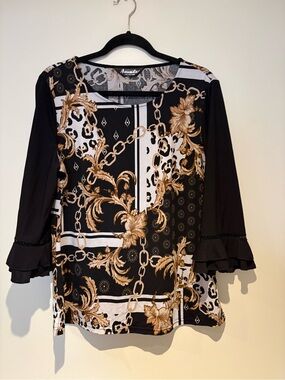 Amanda Black & Gold Chain-Print Ruffle Sleeve Blouse